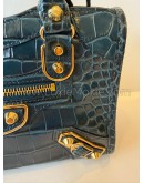 BALENCIAGA Mini City Bag with Shoulder Strap in Teal Blue Croc Embossed Calfskin – GHW