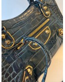 BALENCIAGA Mini City Bag with Shoulder Strap in Teal Blue Croc Embossed Calfskin – GHW