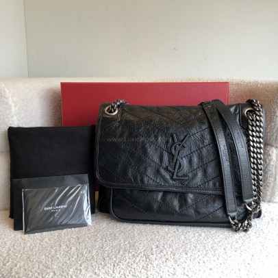 YVES SAINT LAURENT Niki Medium Chain Bag in Black Vintage Calf Leather – RHW (New Model with D-Ring - Year 2023)