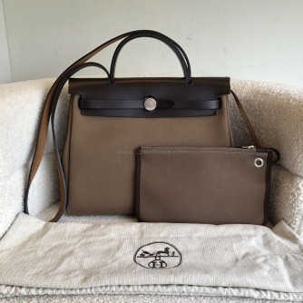 HERMES Herbag PM 31 Brown Canvas with Dark Brown Calfskin Leather & PHW – Shoulder Bag Type (Stamp Y - Year 2020)