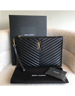 YVES SAINT LAURENT Monogram Chevron Quilted Clutch in Black Calfskin – GHW