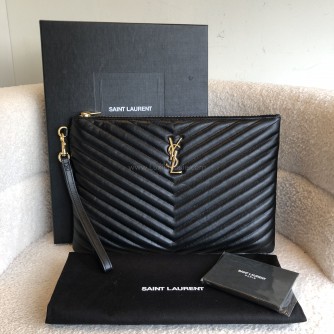 YVES SAINT LAURENT Monogram Chevron Quilted Clutch in Black Calfskin – GHW
