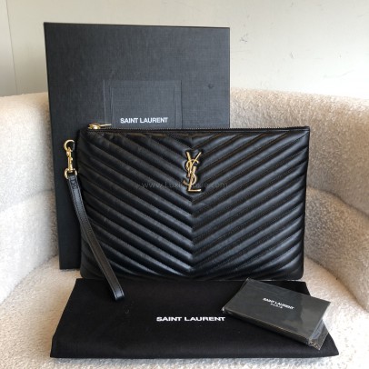 YVES SAINT LAURENT Monogram Chevron Quilted Clutch in Black Calfskin – GHW