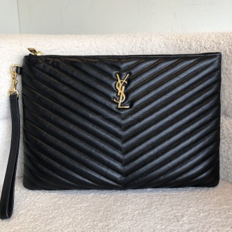 YVES SAINT LAURENT Monogram Chevron Quilted Clutch in Black Calfskin – GHW