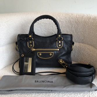 BALENCIAGA Mini City Bag with Shoulder Strap in Black Calfskin – GHW