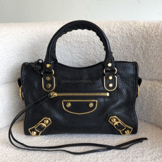 BALENCIAGA Mini City Bag with Shoulder Strap in Black Calfskin – GHW