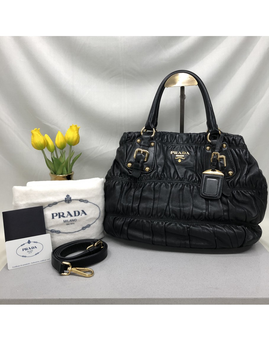 PRADA Milano Handbag Black Nappa Gaufre Nylon Top Handle Two Way Satchel Bag