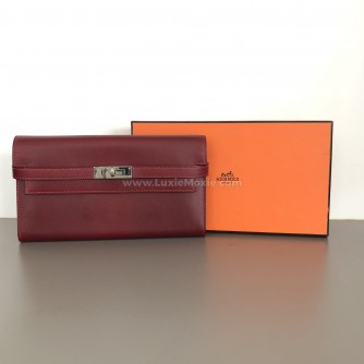 HERMES Kelly Long Wallet in Maroon Box Calf Leather – PHW (Stamp Square O – Year 2011)
