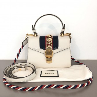GUCCI Sylvie Mini Top Handle Bag in Off White Calfskin with Twisted Web Strap & Leather Strap – GHW