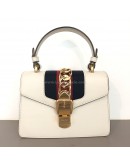 GUCCI Sylvie Mini Top Handle Bag in Off White Calfskin with Twisted Web Strap & Leather Strap – GHW
