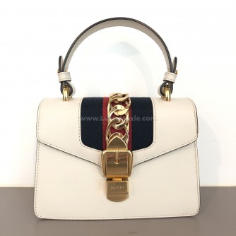 GUCCI Sylvie Mini Top Handle Bag in Off White Calfskin with Twisted Web Strap & Leather Strap – GHW