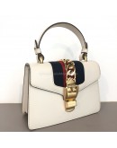 GUCCI Sylvie Mini Top Handle Bag in Off White Calfskin with Twisted Web Strap & Leather Strap – GHW
