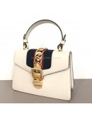 GUCCI Sylvie Mini Top Handle Bag in Off White Calfskin with Twisted Web Strap & Leather Strap – GHW
