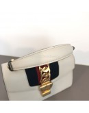 GUCCI Sylvie Mini Top Handle Bag in Off White Calfskin with Twisted Web Strap & Leather Strap – GHW