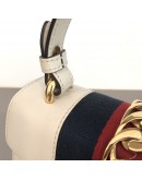 GUCCI Sylvie Mini Top Handle Bag in Off White Calfskin with Twisted Web Strap & Leather Strap – GHW