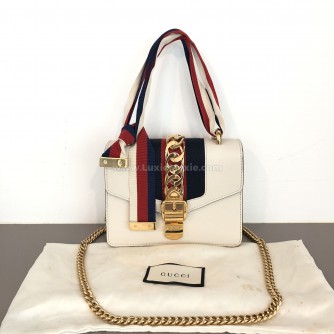 GUCCI Sylvie Mini Chain Bag in White Calfskin with Ribbon Strap – GHW