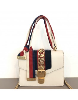 GUCCI Sylvie Mini Chain Bag in White Calfskin with Ribbon Strap – GHW