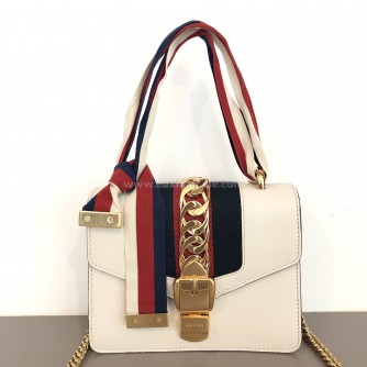 GUCCI Sylvie Mini Chain Bag in White Calfskin with Ribbon Strap – GHW
