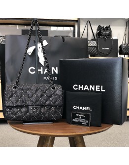 CHANEL Medium Classic Studded Single Flap Bag in Black Aged Calfskin 