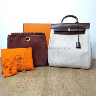 HERMES Herbag PM 31 (2-in-1) Beige Canvas with Brown Calfskin Leather & GHW – Backpack Type (Stamp Square F – Year 2002)