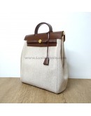 HERMES Herbag PM 31 (2-in-1) Beige Canvas with Brown Calfskin Leather & GHW – Backpack Type (Stamp Square F – Year 2002)