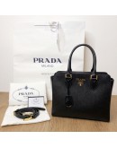 PRADA 1BA113 Black Saffiano + Soft Calfskin Tote Bag with Shoulder Strap - GHW