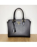 PRADA 1BA113 Black Saffiano + Soft Calfskin Tote Bag with Shoulder Strap - GHW