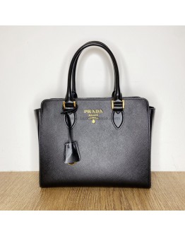 PRADA 1BA113 Black Saffiano + Soft Calfskin Tote Bag with Shoulder Strap - GHW