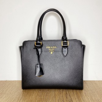 PRADA 1BA113 Black Saffiano + Soft Calfskin Tote Bag with Shoulder Strap - GHW