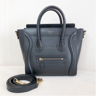 CELINE Nano Luggage Handbag with Shoulder Strap in Black Calfskin – GHW