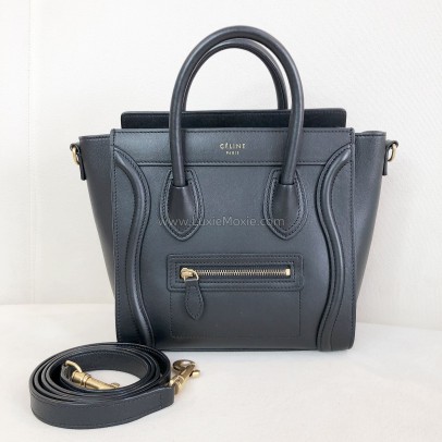CELINE Nano Luggage Handbag with Shoulder Strap in Black Calfskin – GHW
