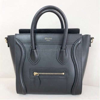 CELINE Nano Luggage Handbag with Shoulder Strap in Black Calfskin – GHW