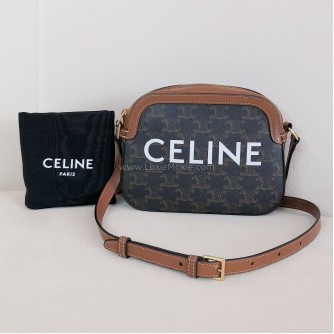 CELINE Small Camera Bag in Triomphe Canvas and Tan Calfskin – GHW