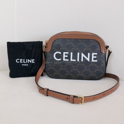 CELINE Small Camera Bag in Triomphe Canvas and Tan Calfskin – GHW