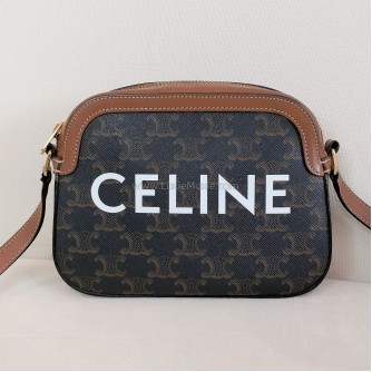 CELINE Small Camera Bag in Triomphe Canvas and Tan Calfskin – GHW