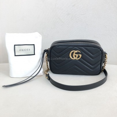 GUCCI GG Marmont Mini Camera Bag in Black Matelasse Chevron Leather – GHW