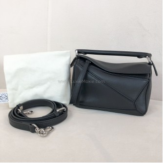 LOEWE Mini Puzzle Edge Bag with Shoulder Strap in Black Classic Calfskin – SHW