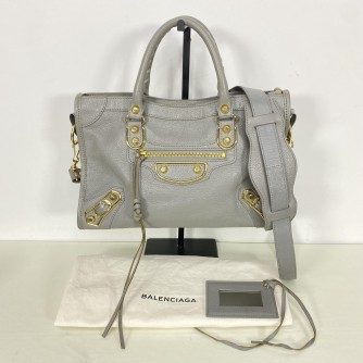BALENCIAGA Small City Bag with Shoulder Strap in Grey Calfskin – GHW