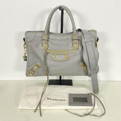 BALENCIAGA Small City Bag with Shoulder Strap in Grey Calfskin – GHW