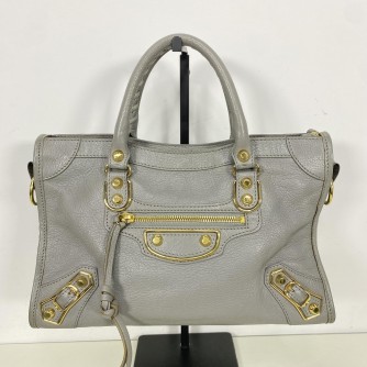 BALENCIAGA Small City Bag with Shoulder Strap in Grey Calfskin – GHW
