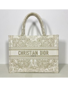 CHRISTIAN DIOR Medium Book Tote in Around the World Motif – Latte/Gold Embroidery (Year 2023)