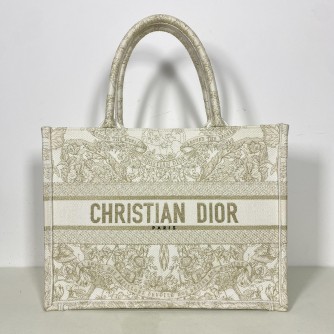 CHRISTIAN DIOR Medium Book Tote in Around the World Motif – Latte/Gold Embroidery (Year 2023)