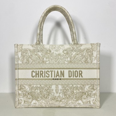 CHRISTIAN DIOR Medium Book Tote in Around the World Motif – Latte/Gold Embroidery (Year 2023)