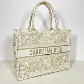 CHRISTIAN DIOR Medium Book Tote in Around the World Motif – Latte/Gold Embroidery (Year 2023)