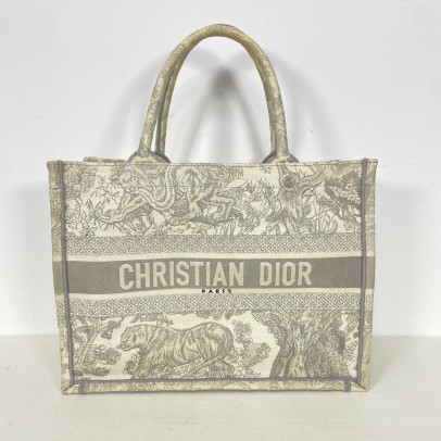 CHRISTIAN DIOR Medium Book Tote in Toile de Jouy – Ecru/Grey Embroidery (Year 2022)