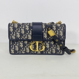 CHRISTIAN DIOR 30 Montaigne East West Bag with Chain in Blue Oblique Jacquard - Antique Gold Hardware (Year 2023)
