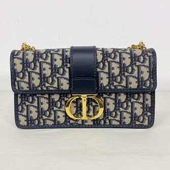 CHRISTIAN DIOR 30 Montaigne East West Bag with Chain in Blue Oblique Jacquard - Antique Gold Hardware (Year 2023)