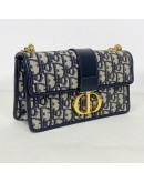 CHRISTIAN DIOR 30 Montaigne East West Bag with Chain in Blue Oblique Jacquard - Antique Gold Hardware (Year 2023)
