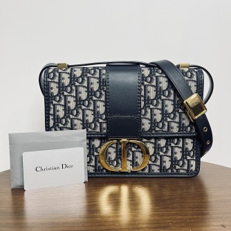 CHRISTIAN DIOR 30 Montaigne Bag in Blue Oblique Jacquard – Antique Gold Hardware (Year 2020)