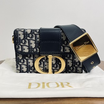 CHRISTIAN DIOR 30 Montaigne Box Bag in Blue Oblique Jacquard with Shoulder Strap – Antique Gold Hardware (Year 2020)